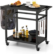 Carrello Barbecue con Ruote in Metallo, Carrello per Grigliare con Tavolo da Lavoro, 2 Ripiani e Ganci, Carrello da Pranzo per BBQ per Esterni, Nero