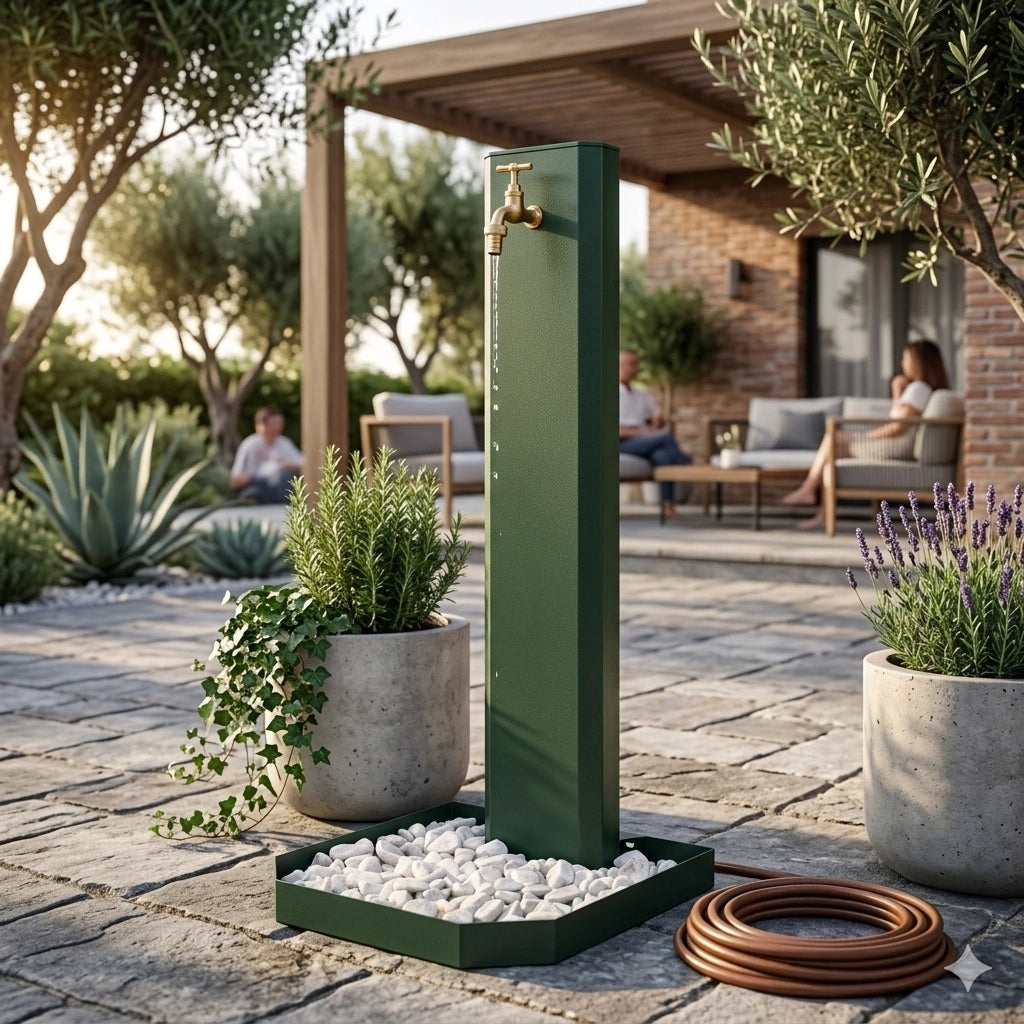 Fontana da Giardino Design a Colonna Ovale Rubinetto in Ottone e Base con Ciottoli Verde