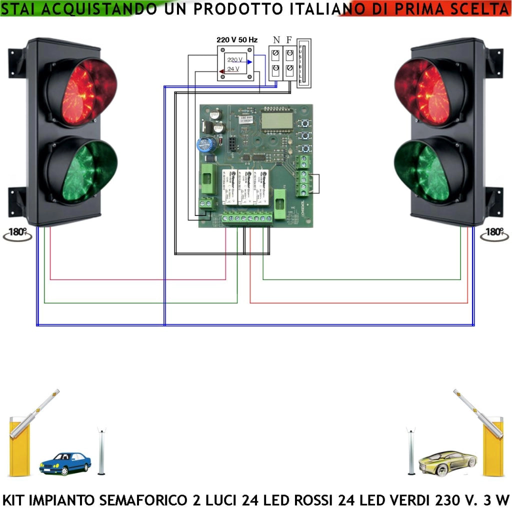 Kit Impianto Semaforico 24 Led Rossi e 24 Led Verdi Centrale Funzioni Automatiche Cicliche a Tempo Regolabili da 8 a 120° Omologato Garage Parcheggio Alimentazione 230 V 50 Hz 3W Semaforo Esterno IP65