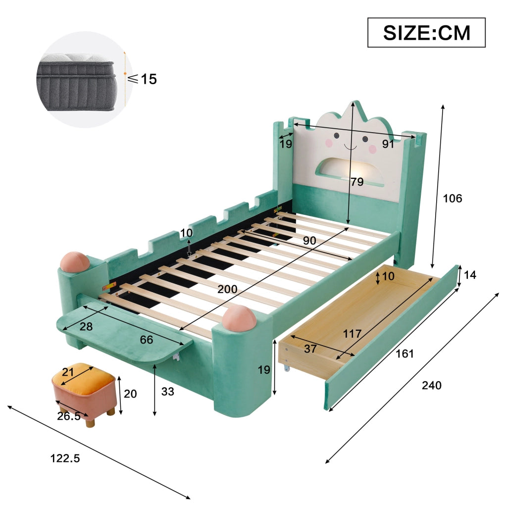 Letto imbottito per bambini 90x200 cm con LED, USB e cassetto