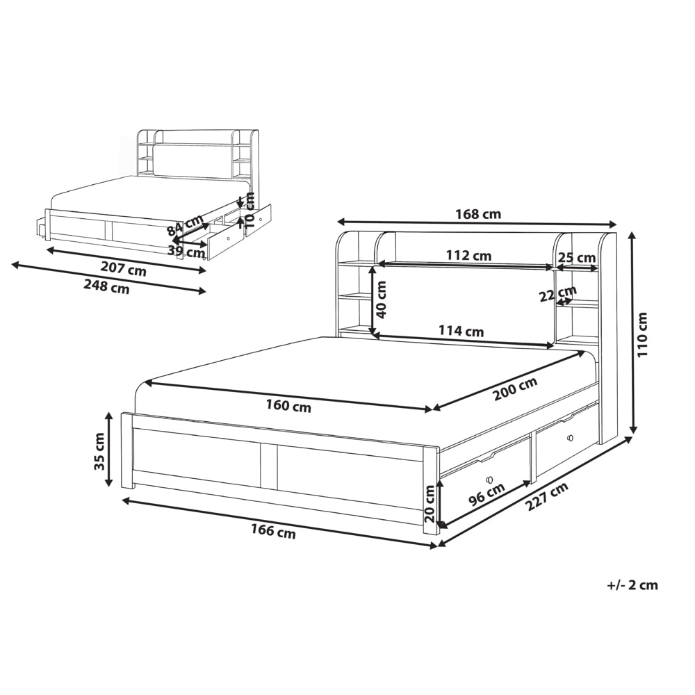 Letto matrimoniale in legno di pino MDF minimalista con contenitore 4 cassetti e ripiani testiera in bouclé bianco con rete 160 x 200 cm