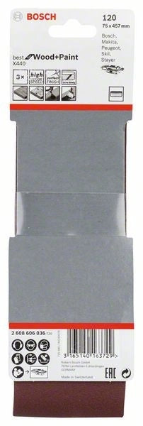 2608606036 - Set di nastri abrasivi da 3 pz. X440 75 x 457 mm, P120, BEST for LEGNO+VERNICE