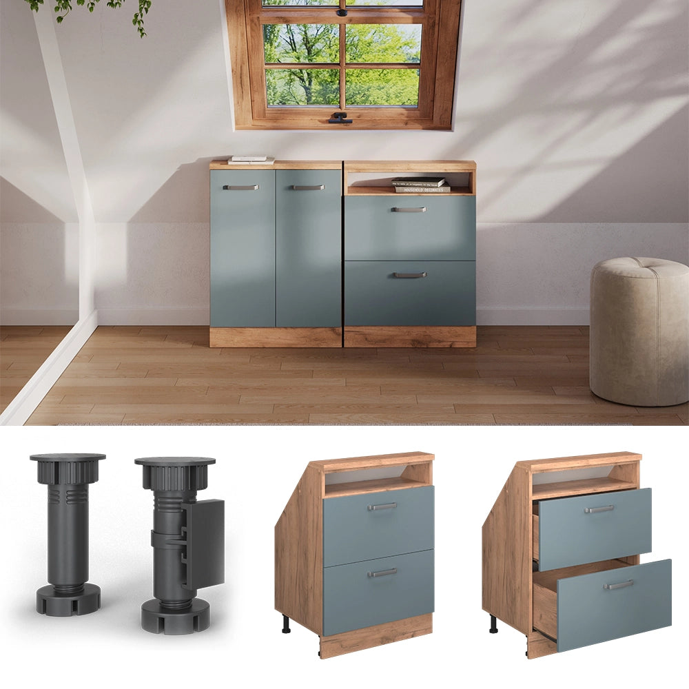Mobile cucina sottotetto R-Line Grigio-blu/Rovere dorato 60 cm con 2 cassetti Vicco