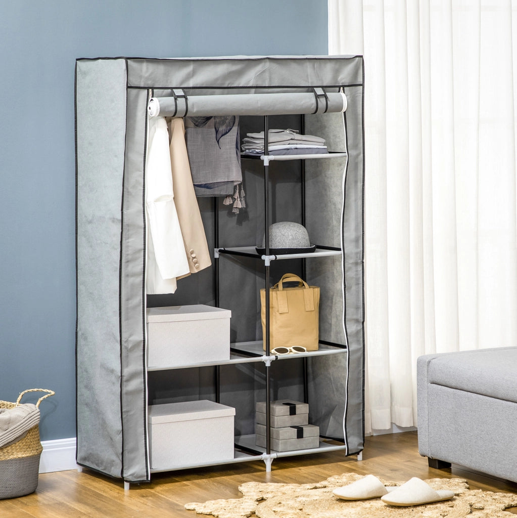 Armadio in tessuto grigio 103x43x162,5 cm con 6 ripiani e appendiabiti