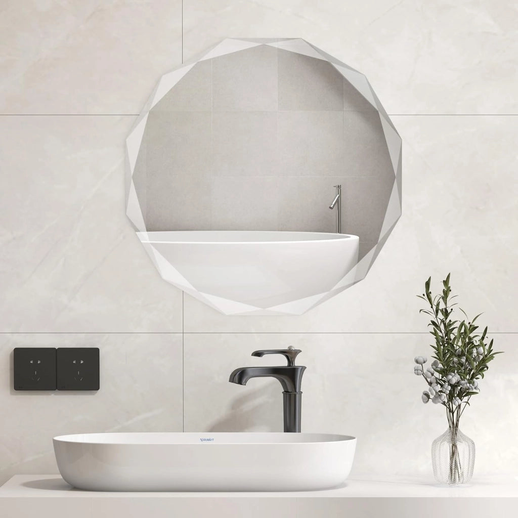 Specchio per Bagno 76 cm, Specchio da Parete Argento Lucidato, Senza Cornice, Specchio Rotondo di Design Irregolare Antiesplosione per Bagno Soggiorno Camera da Letto, IP44