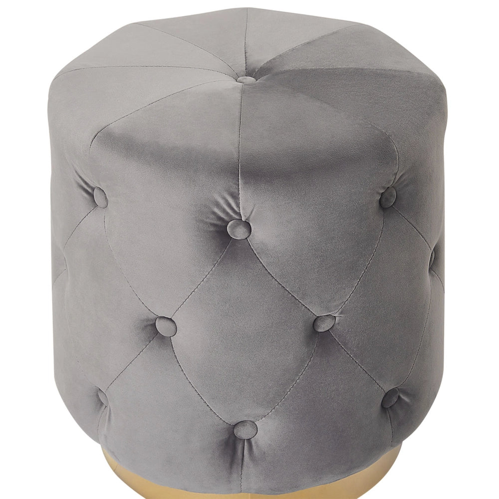 Pouf Rivestimento in Velluto Grigio Base dorato 40 x 41 cm Bottoni capitonné Poggiapiedi Glamour