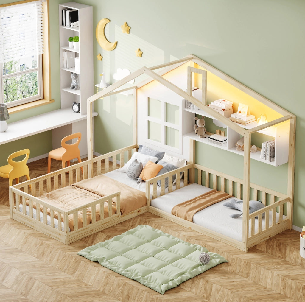 Letto a casetta 90x200 cm per bambini con LED, mensole e sponde