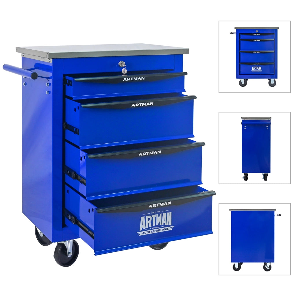Carrello porta attrezzi con 4 cassetti e ruote piroettanti per garage e officina in acciaio nero e blu 62.5 × 34.5 × 78 cm