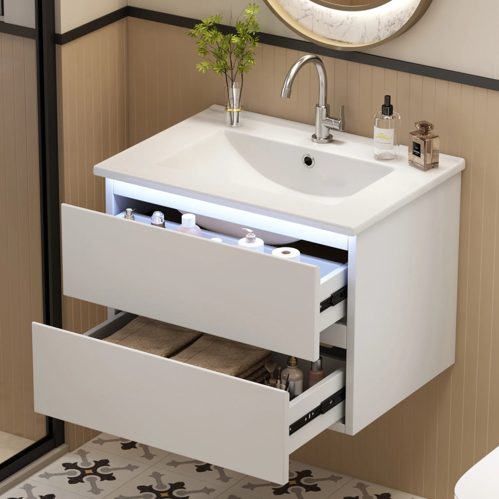 Mobile Bagno Sospeso con Lavabo Integrato e LED ¨C MINIMAL ¨C Bianco, 2 Cassetti, 61x46x45 cm