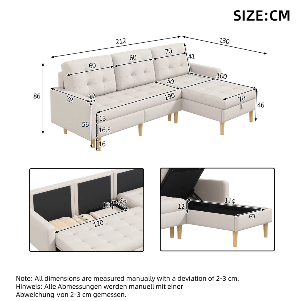 Divano angolare a L beige con chaise longue reversibile e vani contenitore 212x130x86 cm