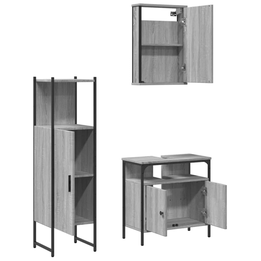 Set Mobili da Bagno 3 pz Grigio Sonoma in Legno Multistrato
