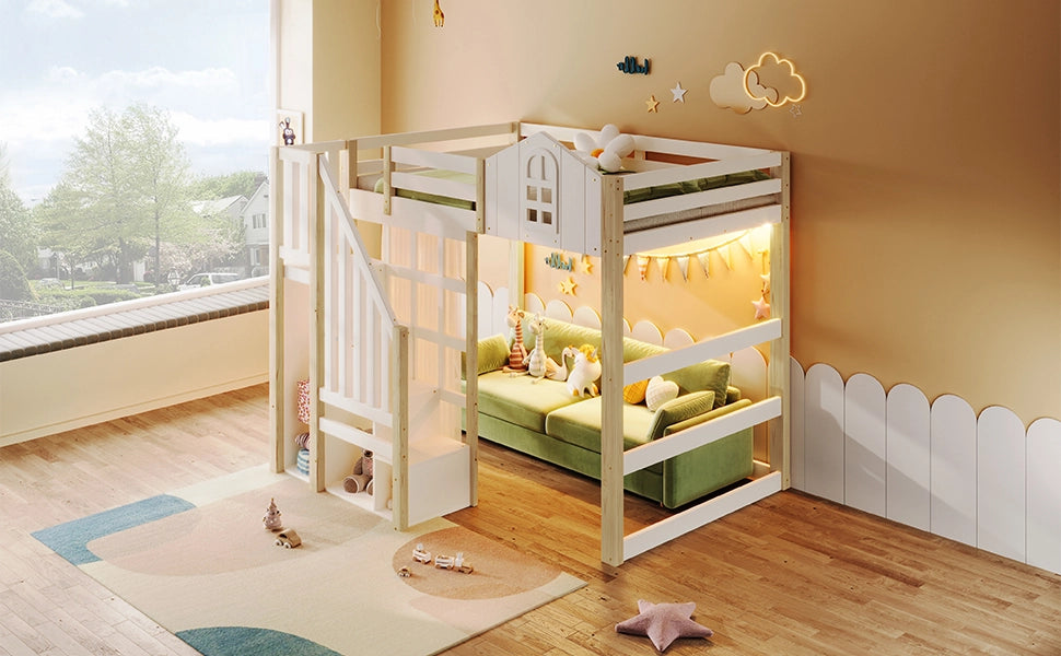 DESMIU Letto a soppalco per bambini 140 × 200 cm 2 posti con LED, scala contenitore e tenda, senza materasso