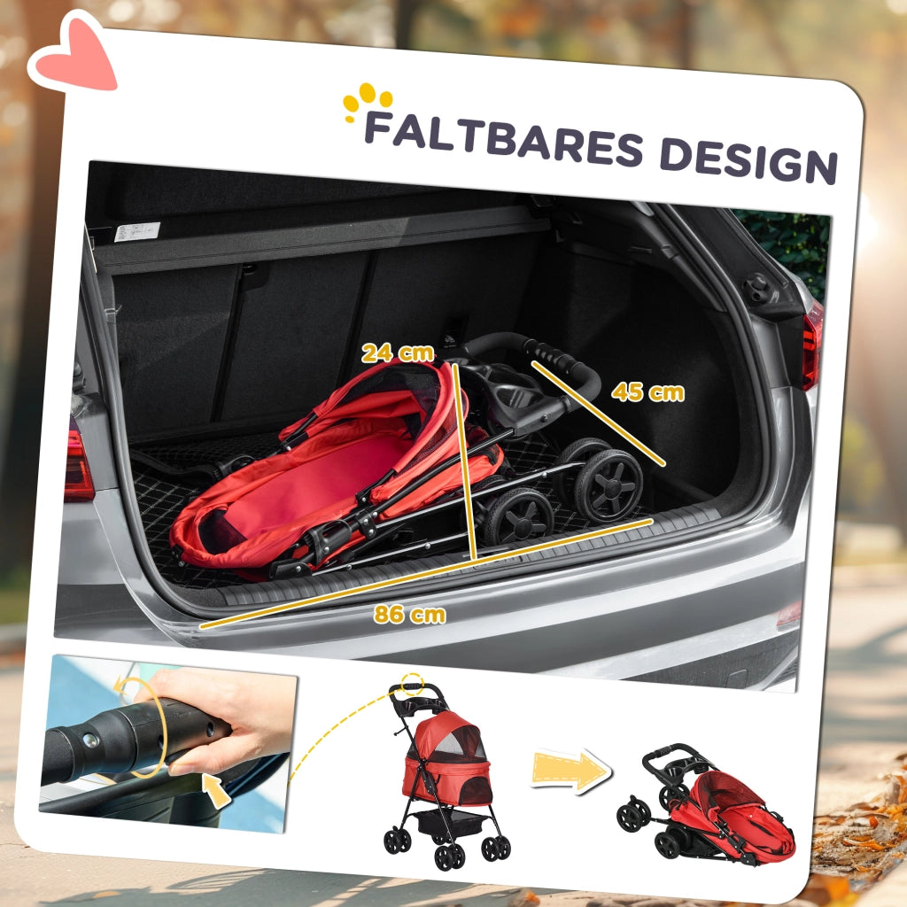 Carrello pieghevole per animali con quattro doppie ruote freno posteriore in tessuto oxford rosso 67 × 45 × 96 cm