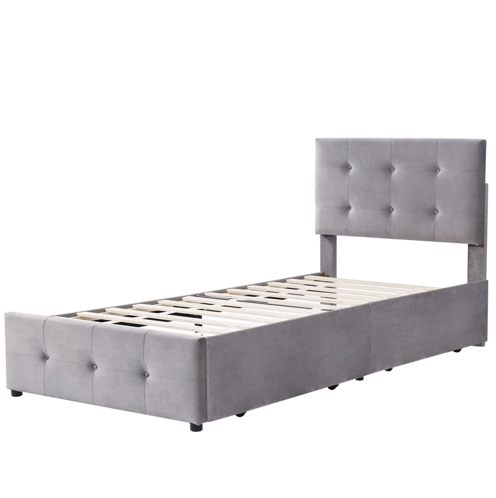 Letto imbottito 90x200 cm con testiera; 1 cassetto e rete a doghe; grigio