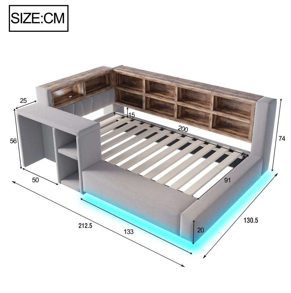 LETTO imbottito 90x200 cm grigio scuro con vani, LED e prese