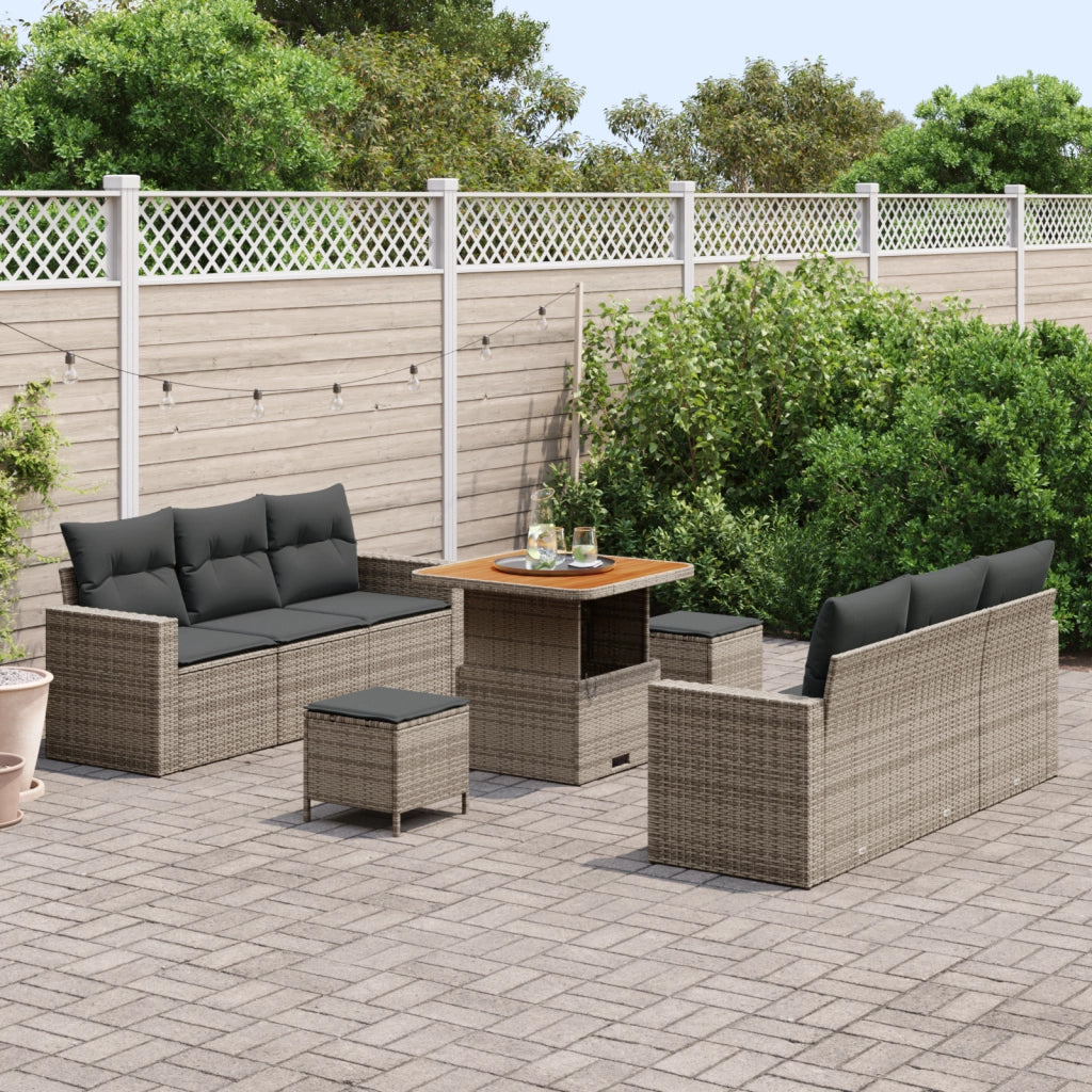 Set Divano da Giardino  9 Pezzi con Cuscini Grigio Polyrattan Acacia