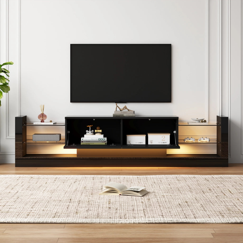 Mobile TV con illuminazione LED - Zephmum - 181 cm, vetro frontale, due cassetti pieghevoli