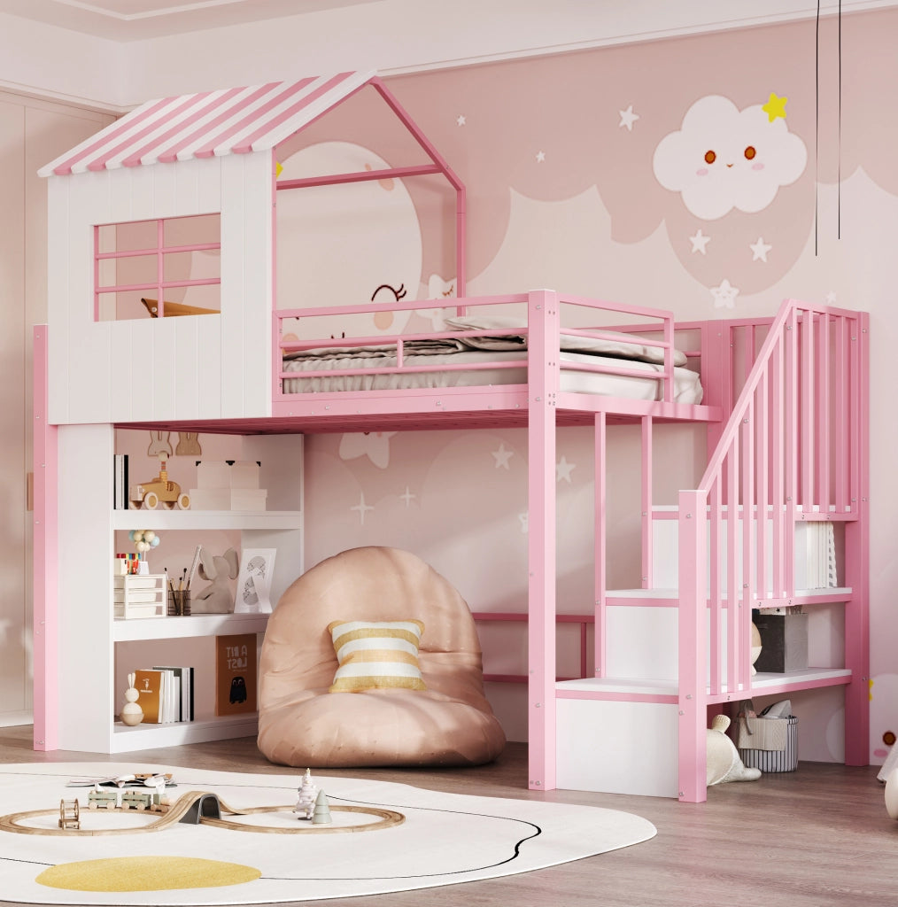 Letto a soppalco 90x200 cm rosa con scala contenitore e scaffale, struttura in metallo e MDF