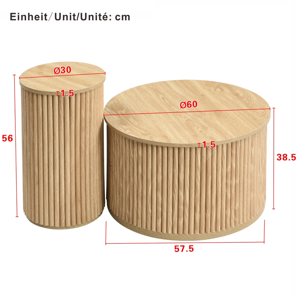 Set di tavolini da caffè 60x60x38.5+30x30x56 cm con motivo a strisce verticali 3D in MDF naturale
