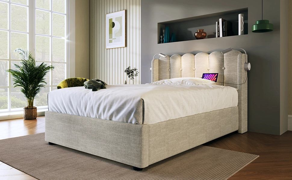 DESMIU Lit simple 90 × 200 cm con lampada da lettura, USB, vano contenitore, materasso incluso, in lino, beige