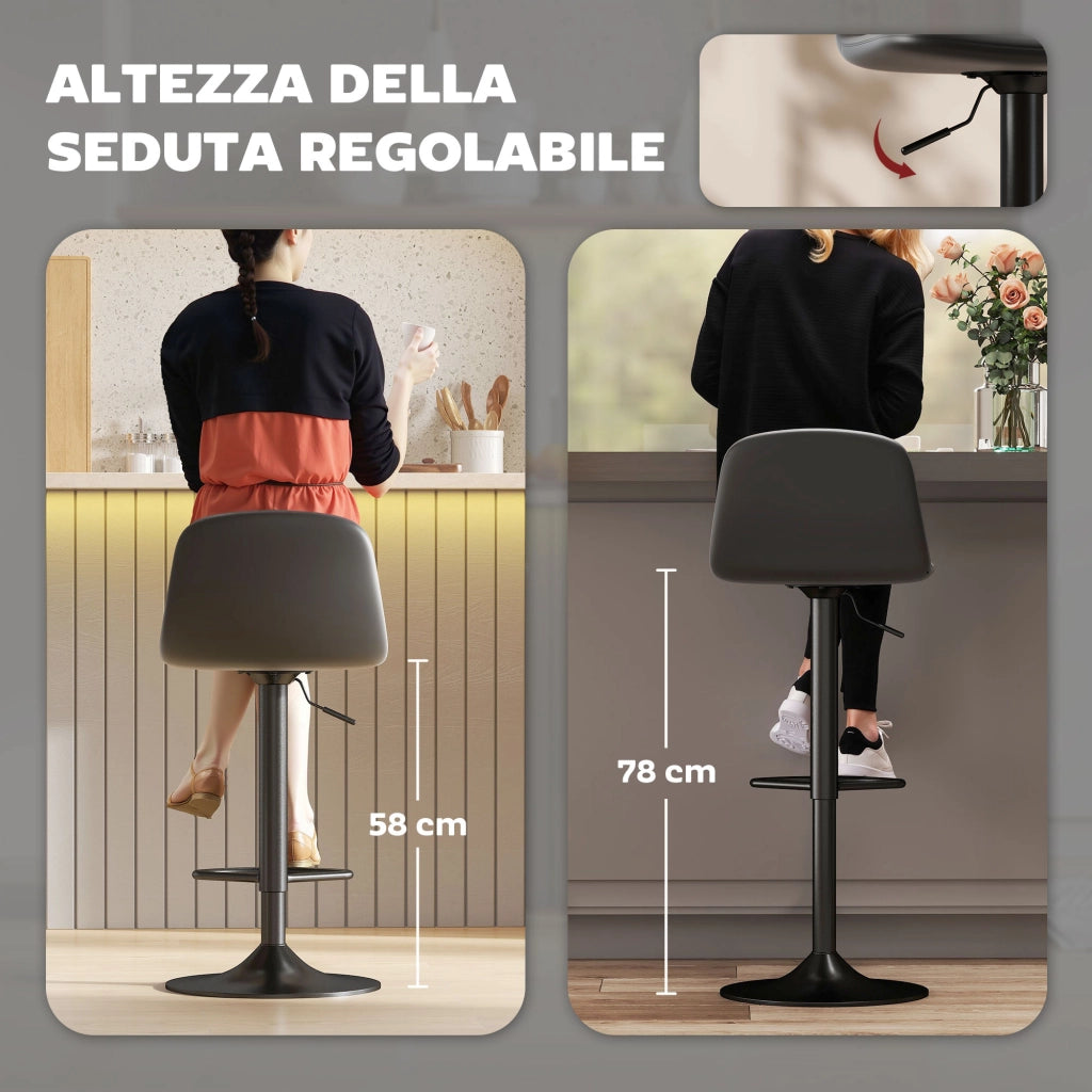 Set 2 Sgabelli da Bar con Schienale e Poggiapiedi, Altezza Regolabile, Pelle PU e Imbottitura, Nero