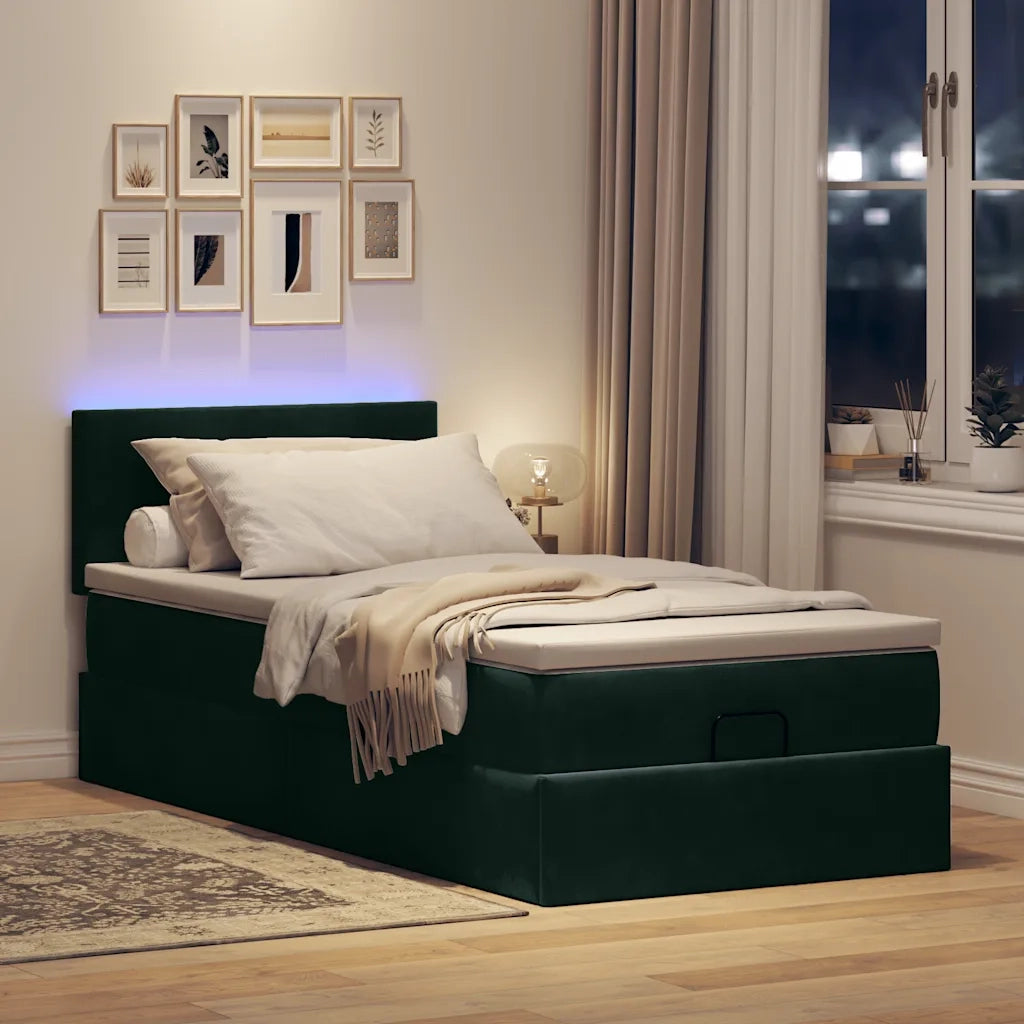 Pouf Letto con Materasso e LED Verde Scuro 90x200cm in Velluto