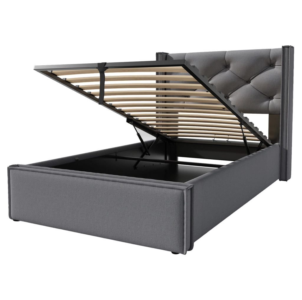 Letto imbottito 90x200 cm; con contenitore e rete sollevabile; cotone; grigio (Senza materasso)