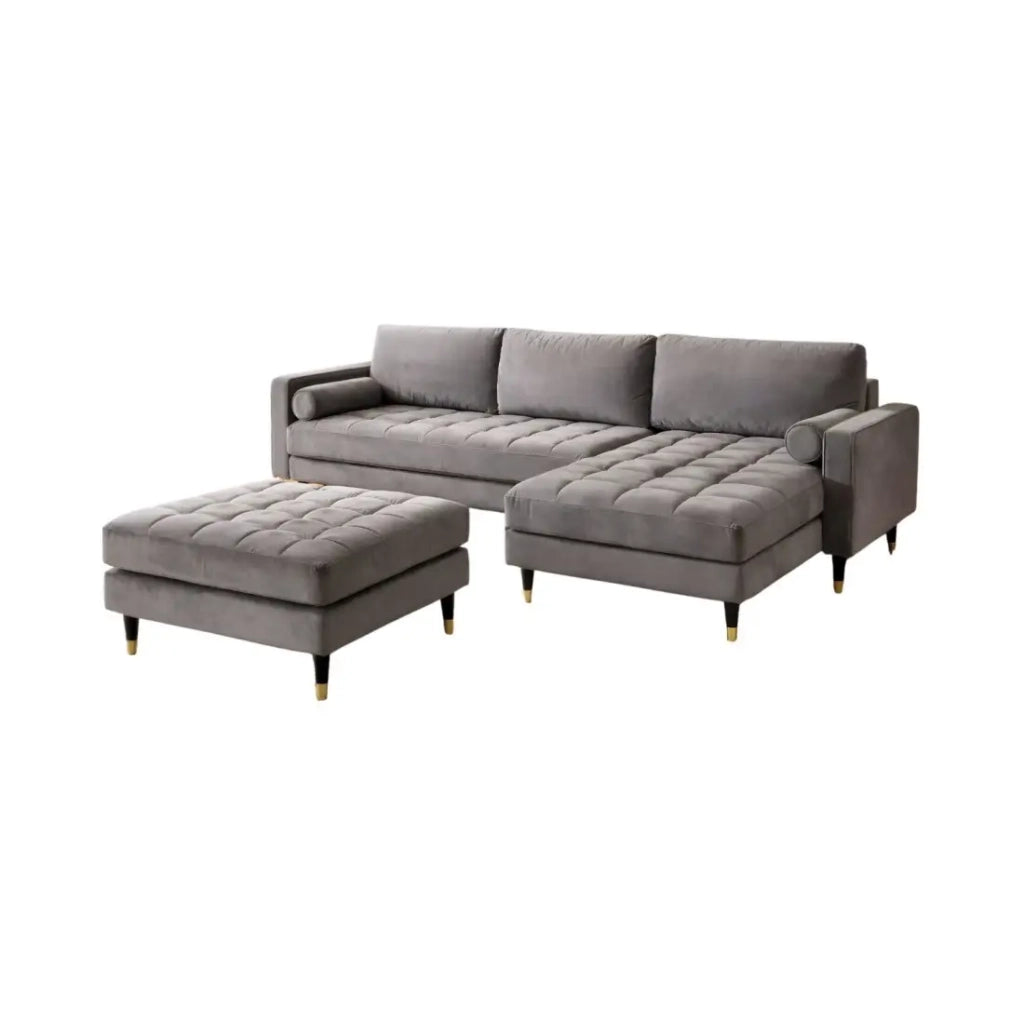 Divano angolare KOLIRI grigio con pouf – Divano design in velluto con struttura in legno massiccio