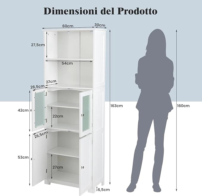 Armadio da Bagno, Mobiletto Alto da Terra con 2 Armadietti e Ripiani Regolabili, con Ante in Vetro, Mobile Portaoggetti Multiusi per Bagno Soggiorno, 60x30x163 cm (Bianco)
