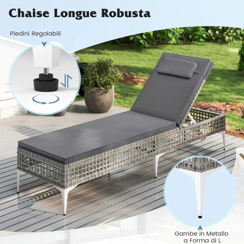 Lettino Prendisole Giardino in Rattan PE, Sedia a Sdraio da Patio, con Schienale Regolabile a 6 Livelli, Cuscino e Poggiatesta Removibili, Lettino Esterno per Piscina Terrazza, Portata 180 kg
