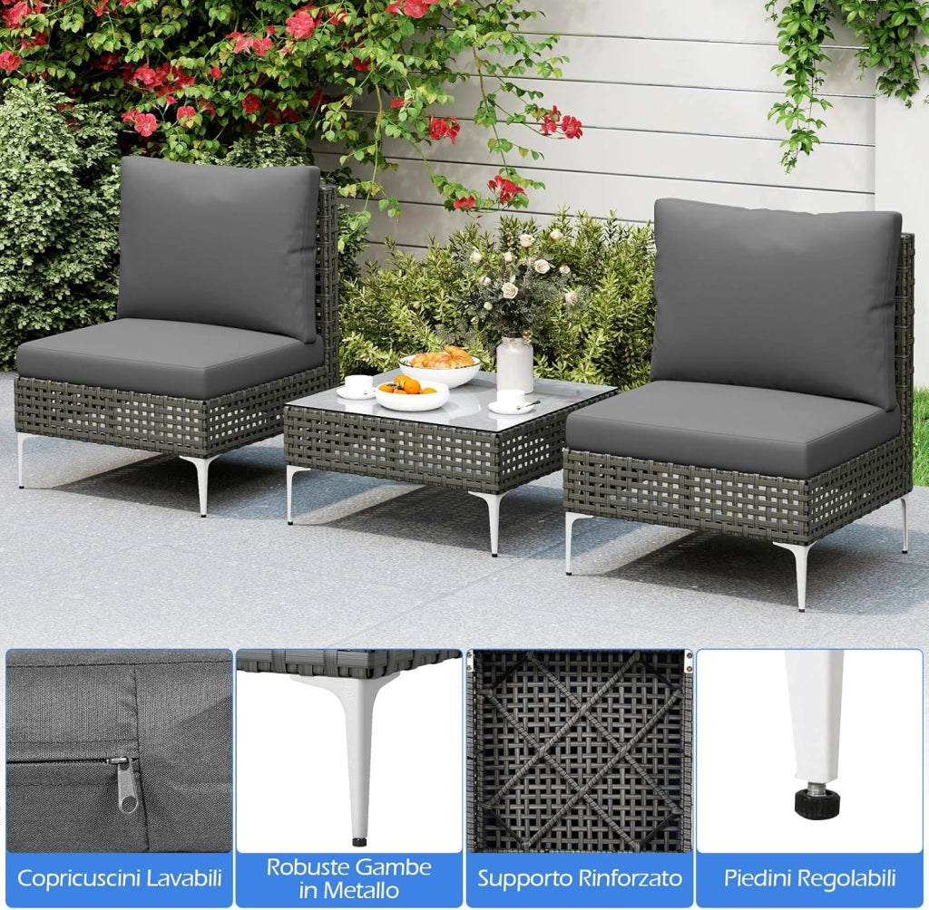 Tavolino e 2 Sedie da Giardino, Set da Conversazione in Rattan con Cuscini e Tavolino in Vetro Temperato, Set da Bistrò per Veranda, Balcone e Cortile (Stile 1)
