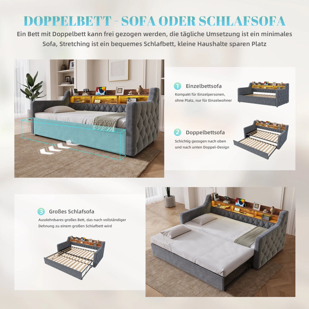 Letto divano estraibile 90 × 190 cm con contenitore, illuminazione LED, USB e Type-C, senza materasso, grigio scuro