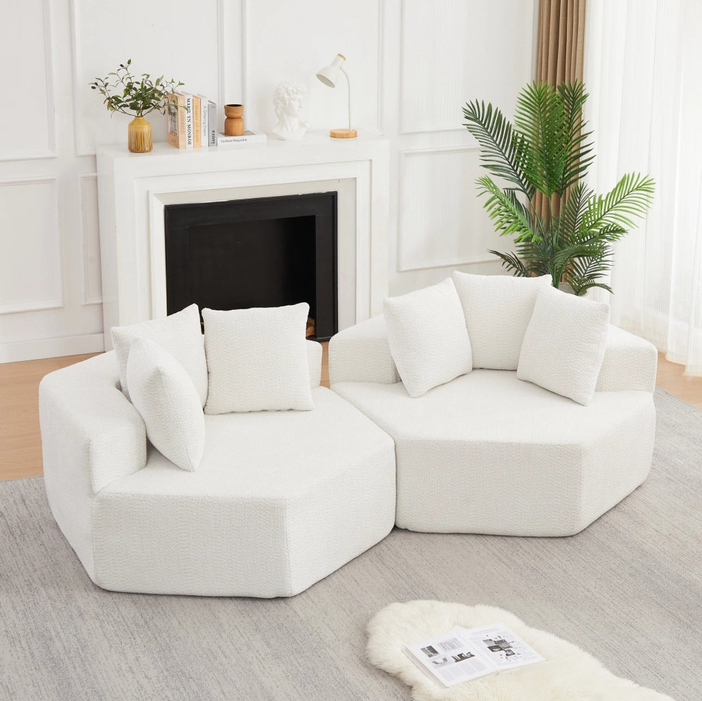 Poltrona lounge modulare esagonale in ciniglia beige con 3 cuscini