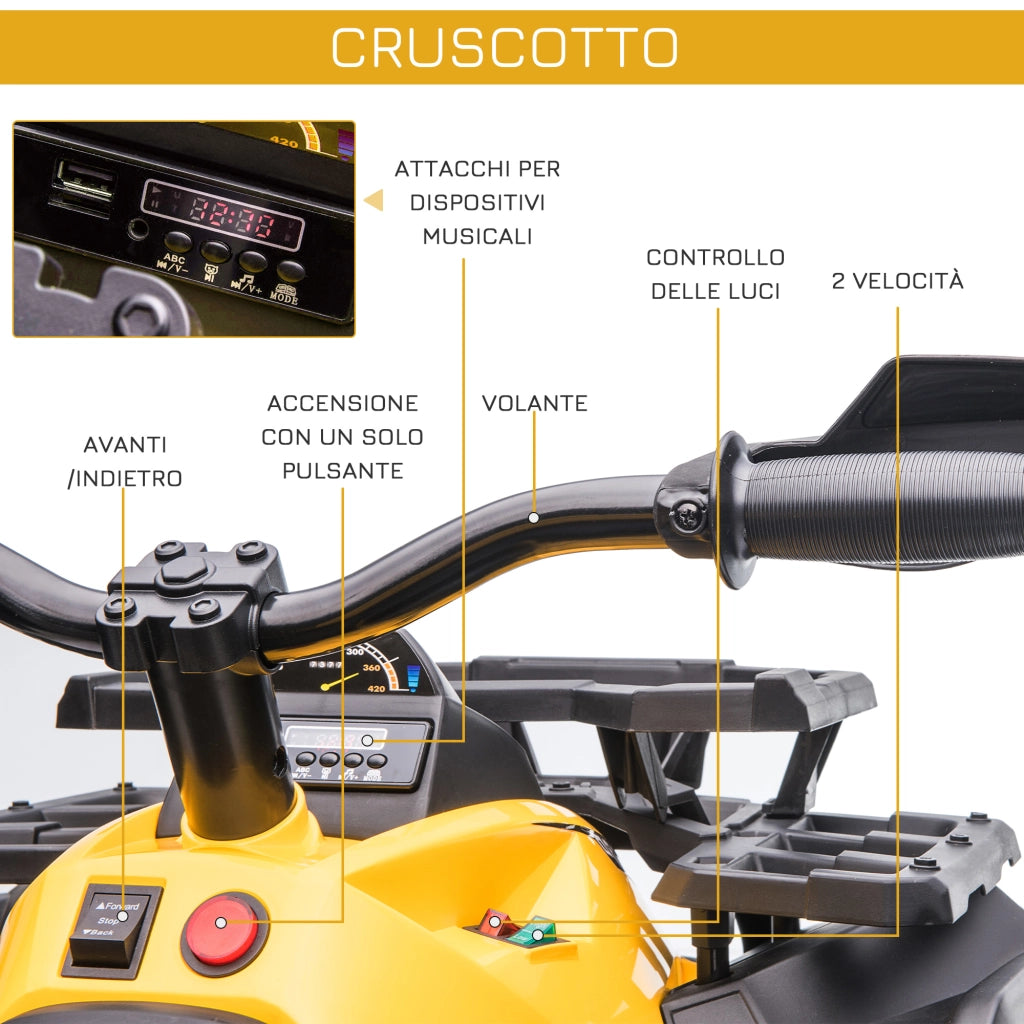 EasyComfort Quad per Bambini Elettrico 12V con Fari e Batteria Ricaricabile, Età 3-5 Anni, 100x65x73cm, Giallo