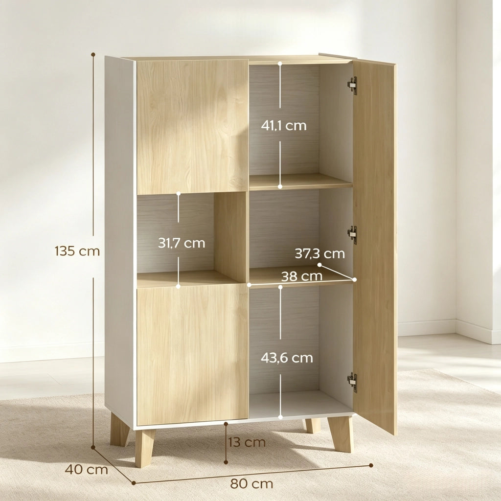 Credenza e madia con 5 vani e chiusura ammortizzata, per soggiorno, bianco e rovere chiaro, 80 × 40 × 135 cm