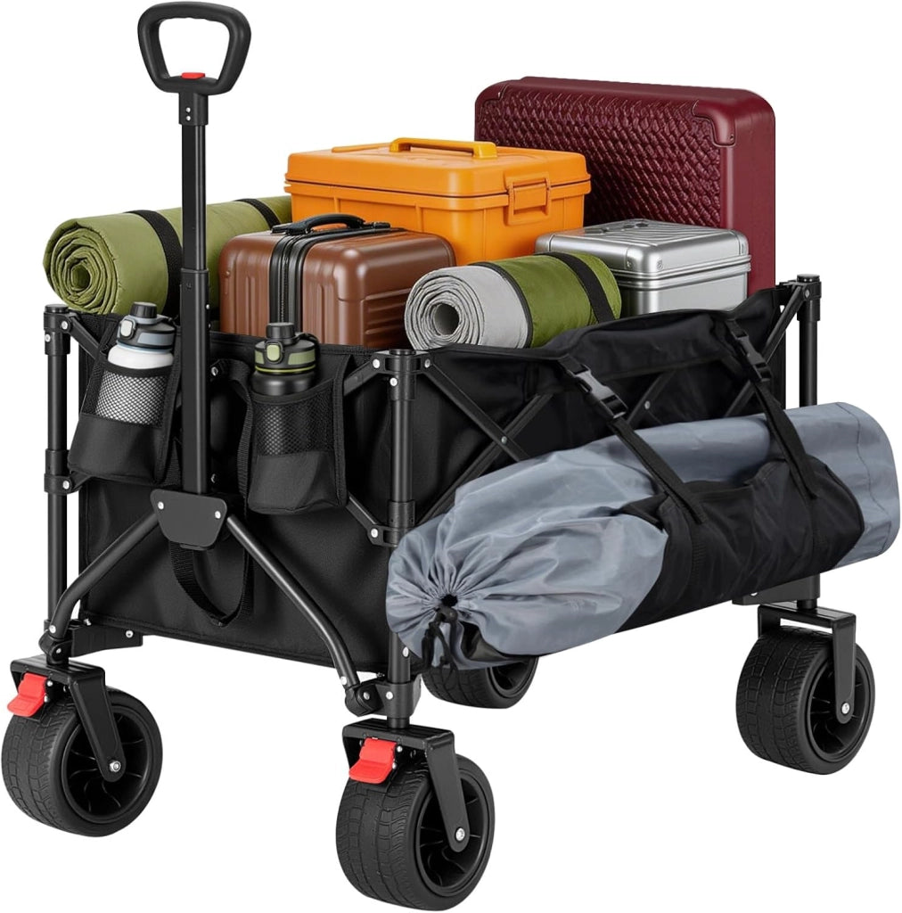 Carrello da Giardino con Ripiano Posteriore Ribaltabile, 205 L, Portata 180 kg, Carrello Pieghevole con 4 Ruote Grandi, Borsa Laterale, 2 Tasche Interne e 2 Portabicchieri, per Campeggio, Nero