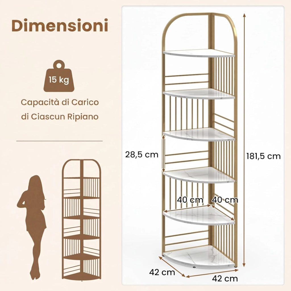 Scaffale Angolare a 6 Ripiani, Libreria Alta 181,5 cm Autoportante con Struttura in Metallo Robusto, Espositore Verticale per Soggiorno, Camera da Letto, Ufficio (Bianco)