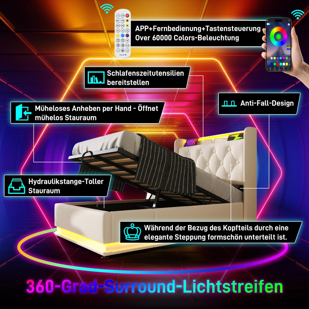 Letto imbottito idraulico con LED USB 140x190 cm colore PU bianco