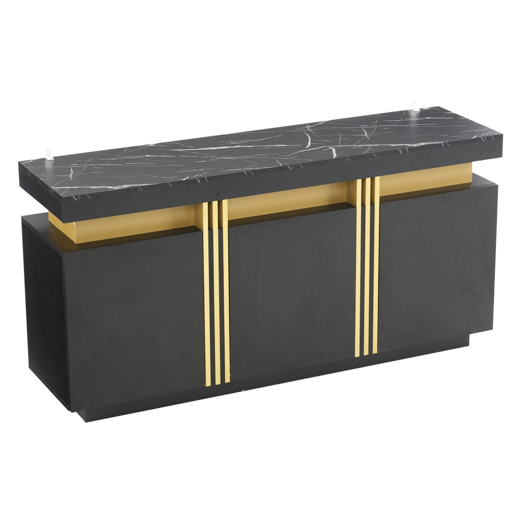 Credenza 140x38x70 cm con 3 ante e ripiani regolabili; effetto marmo in truciolare nero