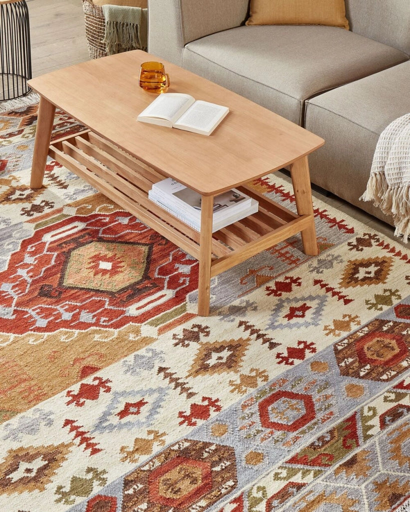 Tappeto Kilim multicolore in lana e cotone 160 x 230 cm Fatto a mano con motivo Boho e frange