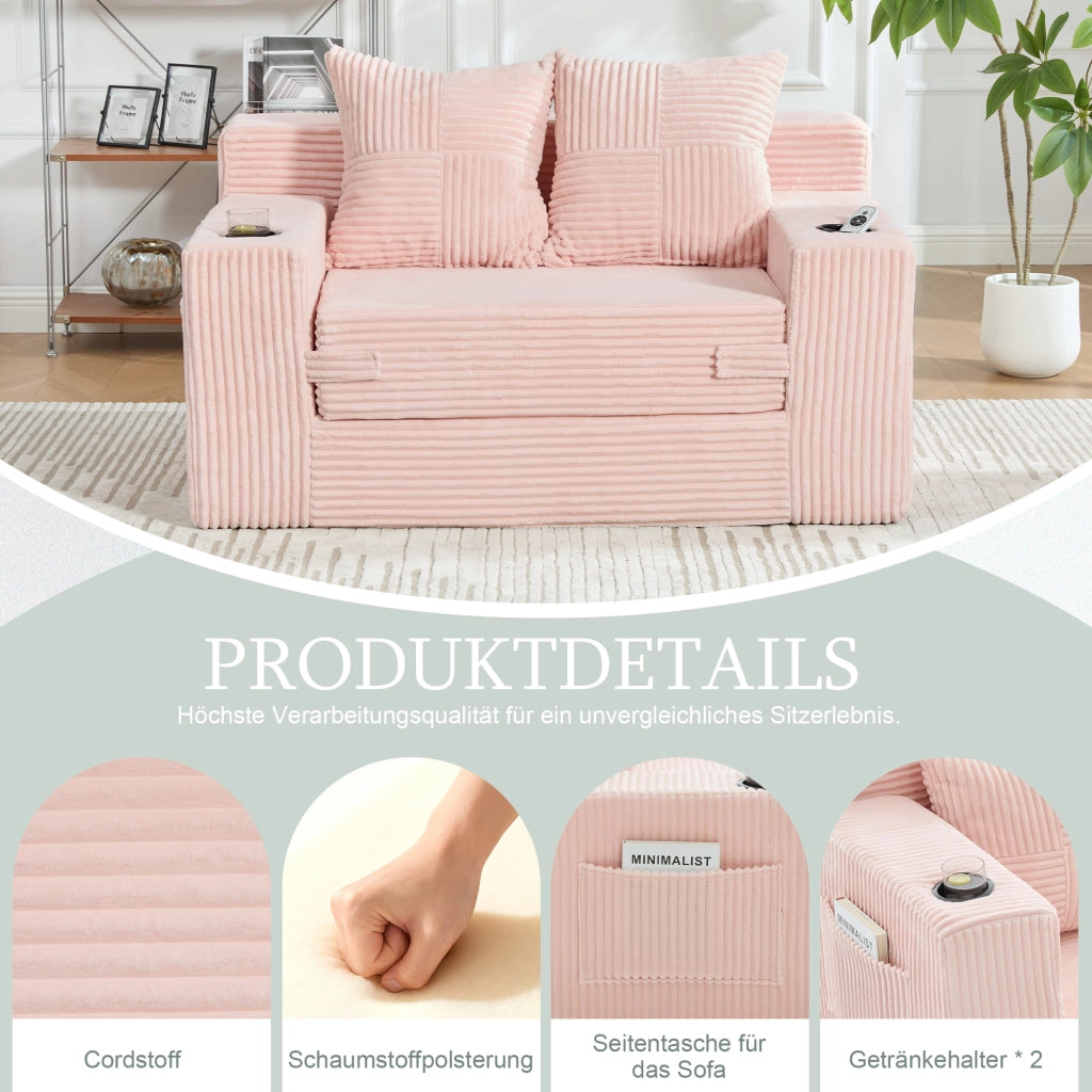 Divano pouf in velluto a coste rosa con due cuscini tasche laterali e braccioli