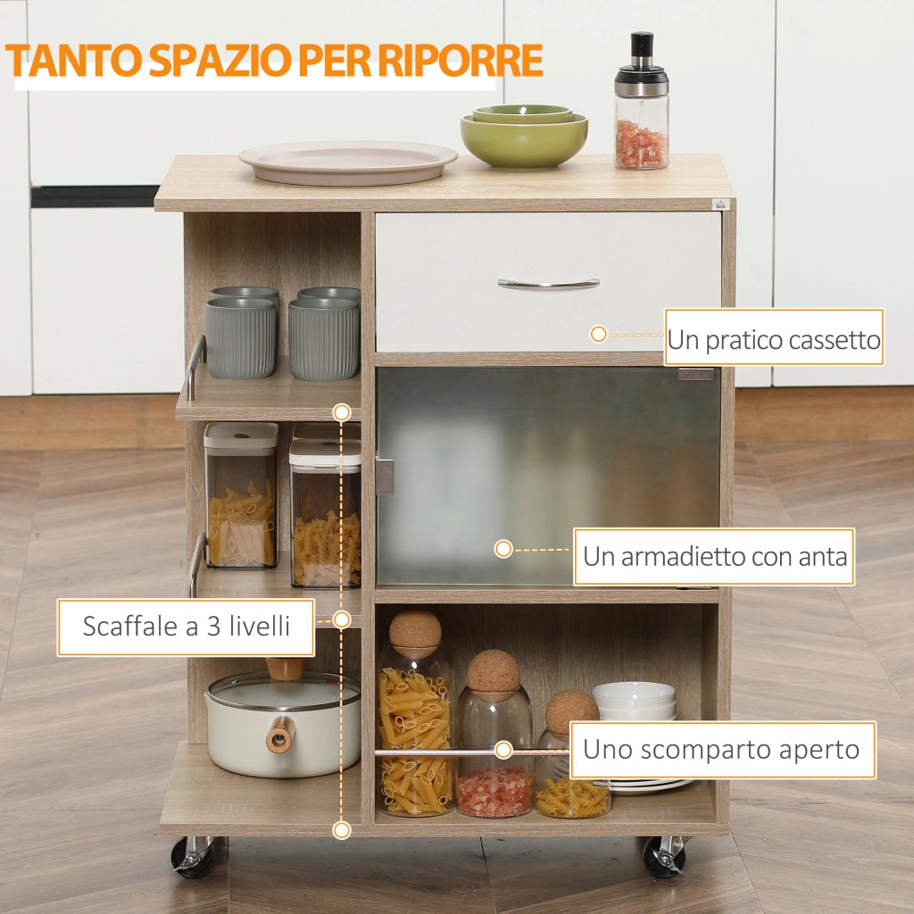 Carrello da Cucina con Cassetto e Ripiani ¨C Xylo ¨C Legno Acciaio Vetro 65x39x80cm