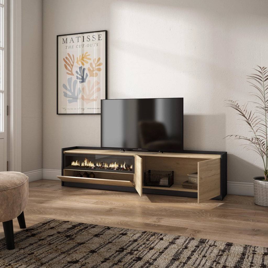 Mobile TV Soggiorno, 207x50x37 cm, Per TV fino a 80", Camino elettrico, Rovere e nero