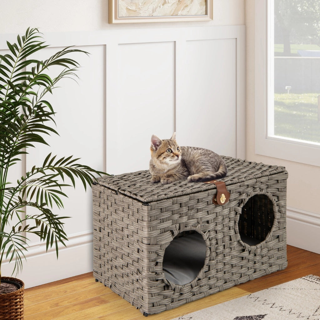 Condominio per gattini in rattan con cuscino morbido rimovibile, Letto pieghevole per gatti da interno Grigio
