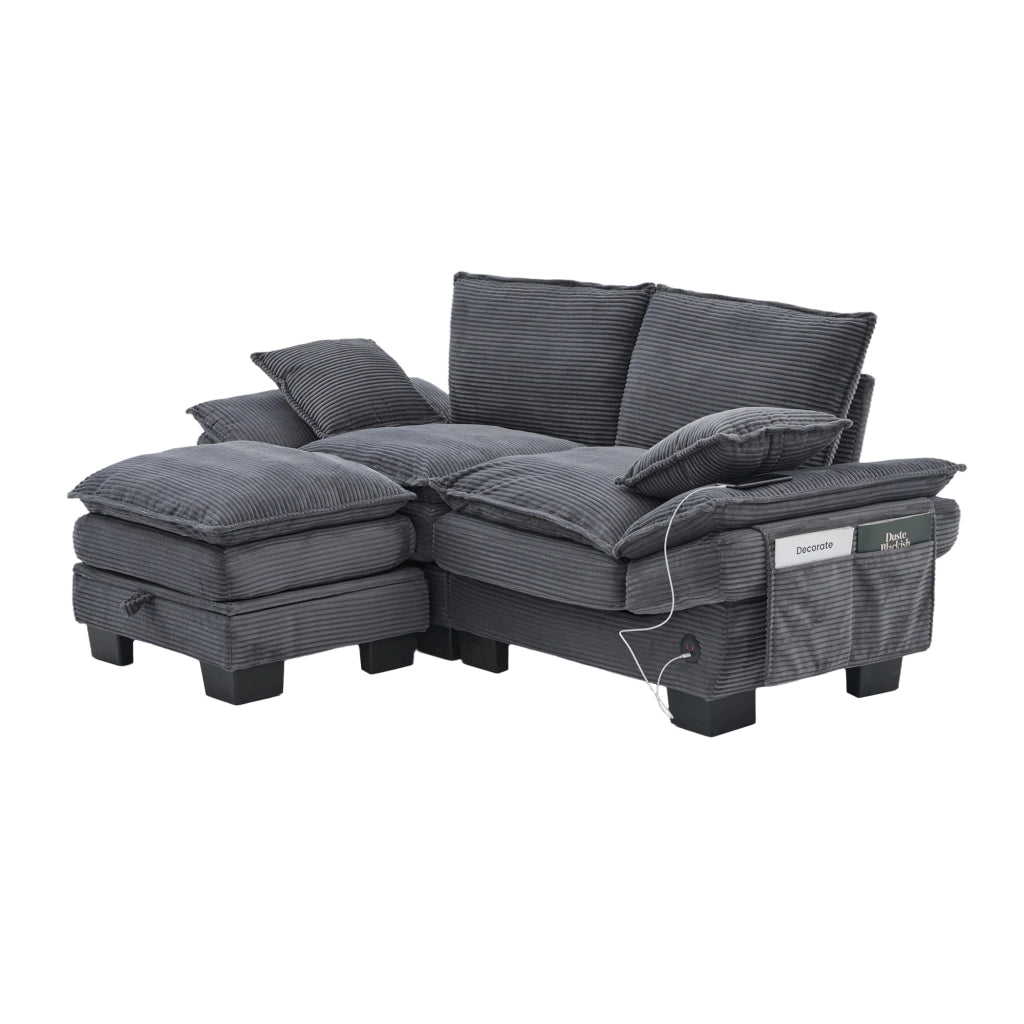Divano 2 Posti con Poggiapiedi ¨C MINIMAL ¨C Tessuto Grigio Scuro, Cuscini, Braccioli