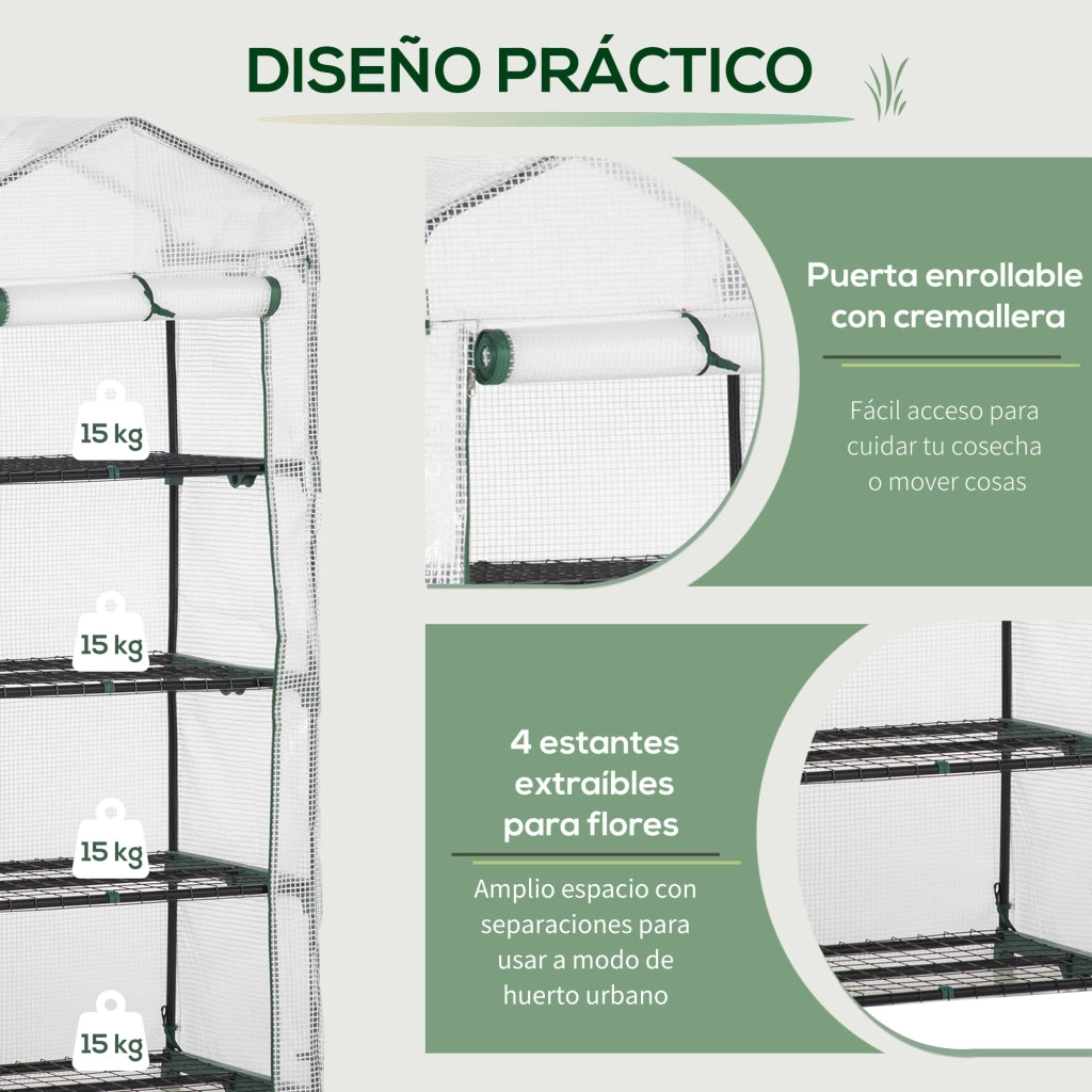 Serra da Giardino con 4 Ripiani e Copertura in PE 140g/m2 ¨C zephmum ¨C 70x50x160 cm Bianco