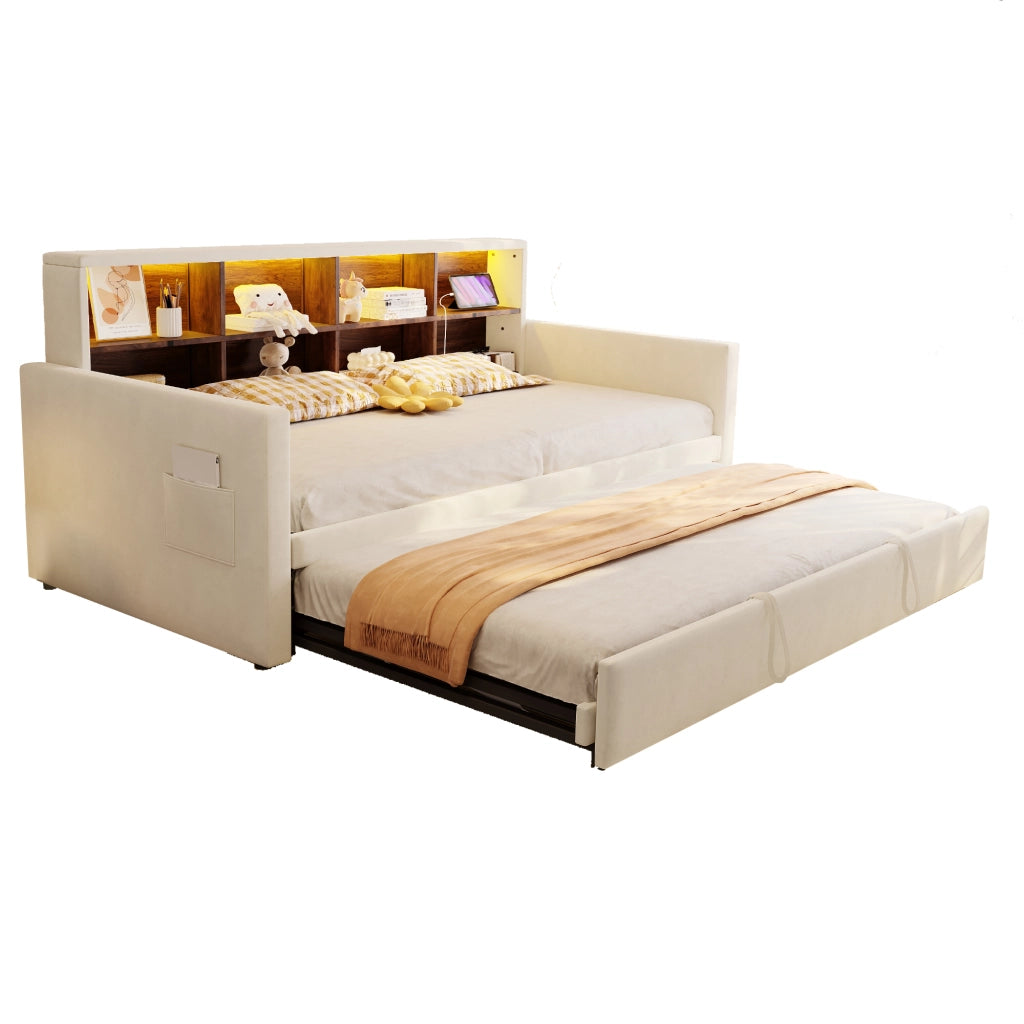 Letto pieghevole imbottito con LED e USB 90x190 cm velluto beige