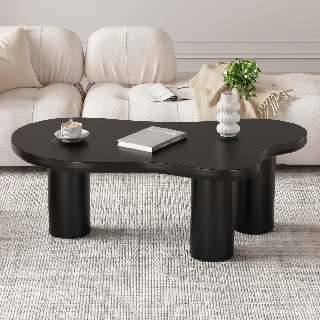 Tavolino da caffè con piano sagomato e 3 gambe; per soggiorno; in MDF; nero; 107×66×40.5 cm
