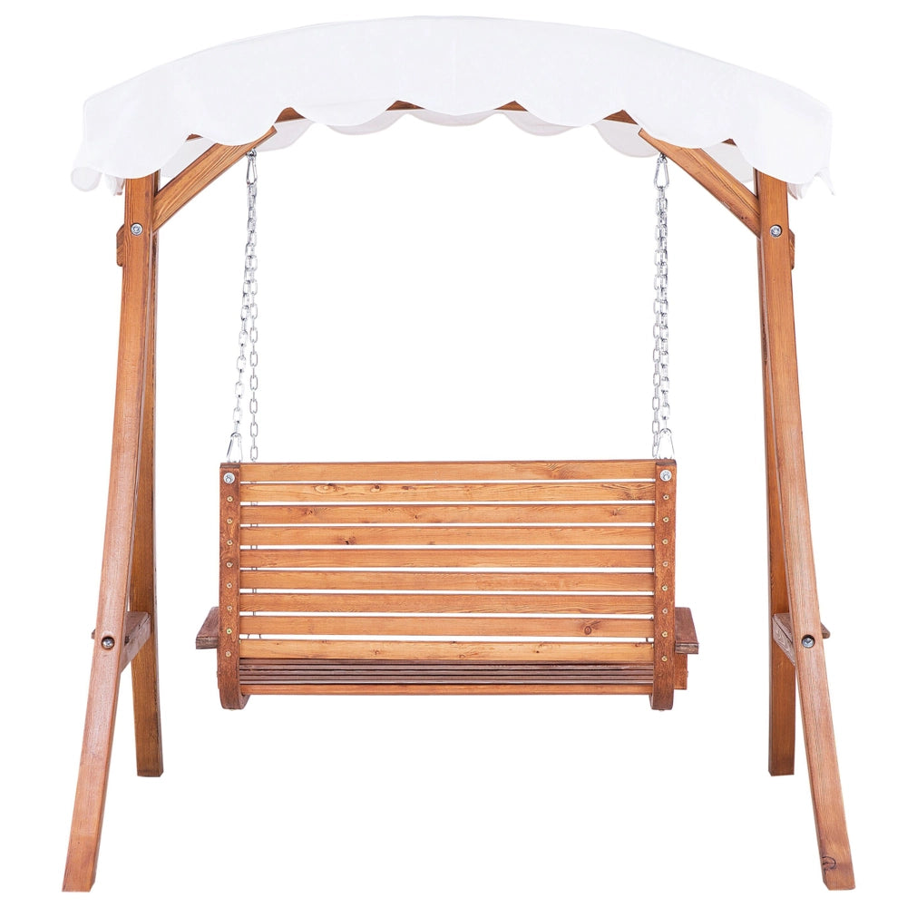 Dondolo da giardino con struttura in legno di larice in tessuto bianco da esterno a 2 posti con baldacchino autoportante