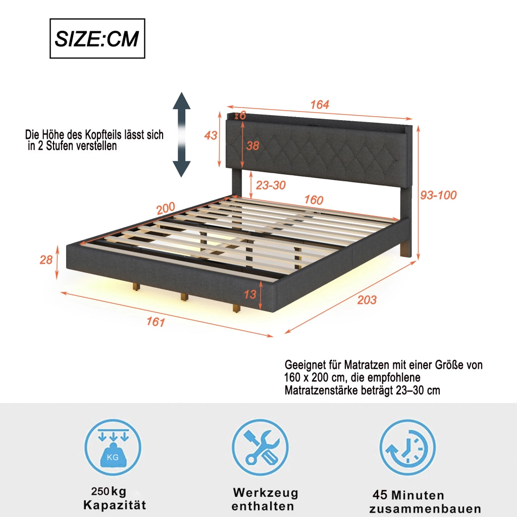 Letto imbottito matrimoniale 160×200 cm con USB; LED multicolore e contenitore; senza materasso; grigio